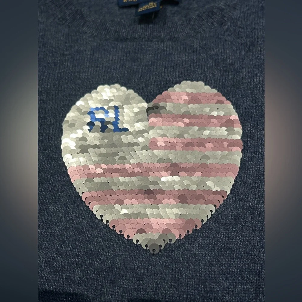 Polo Ralph Lauren Sweater Girls Blue I Heart USA flag Polo Pullover Size M 8-10 - Picture 9 of 13